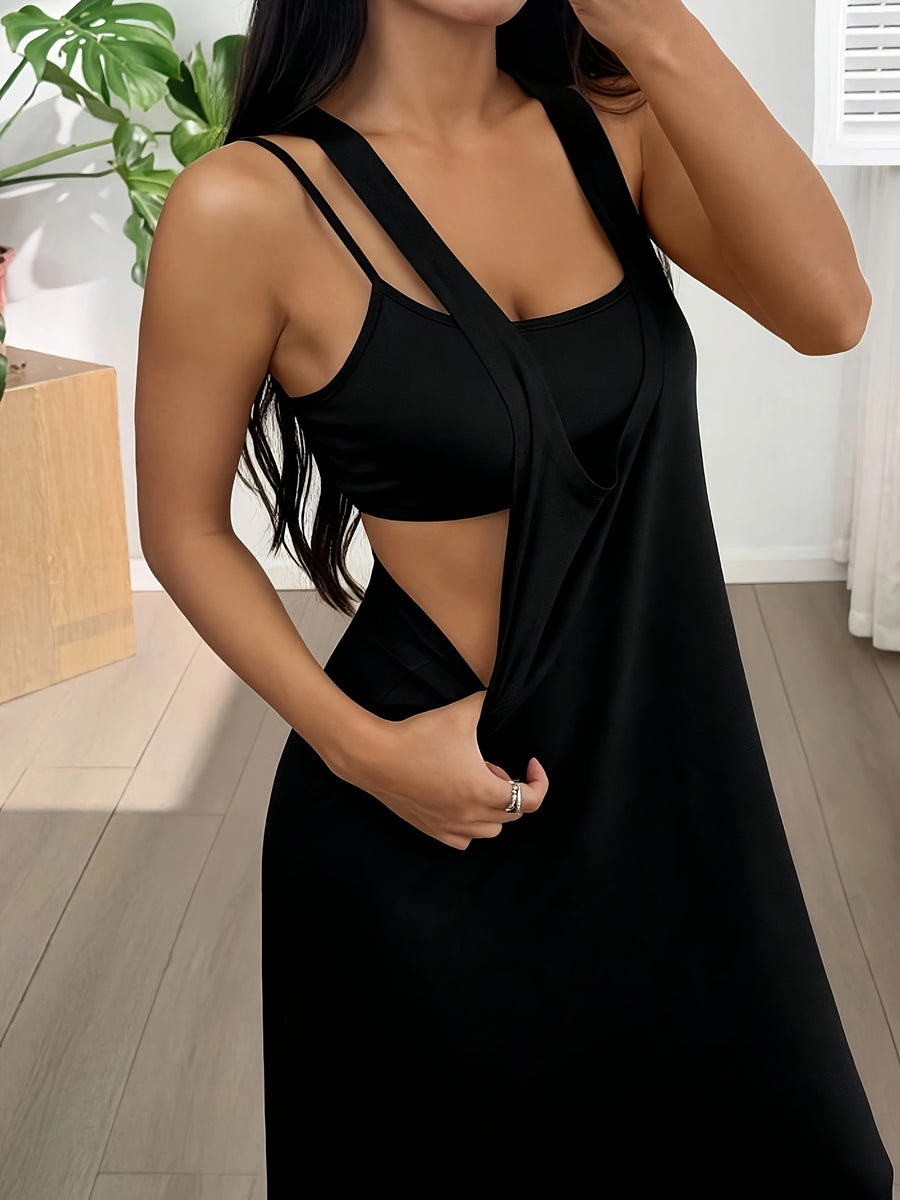 The Solid Color Asymmetrical Neckline Sleeveless Casual Dress Set Is Perfect for Summer Wear - Black