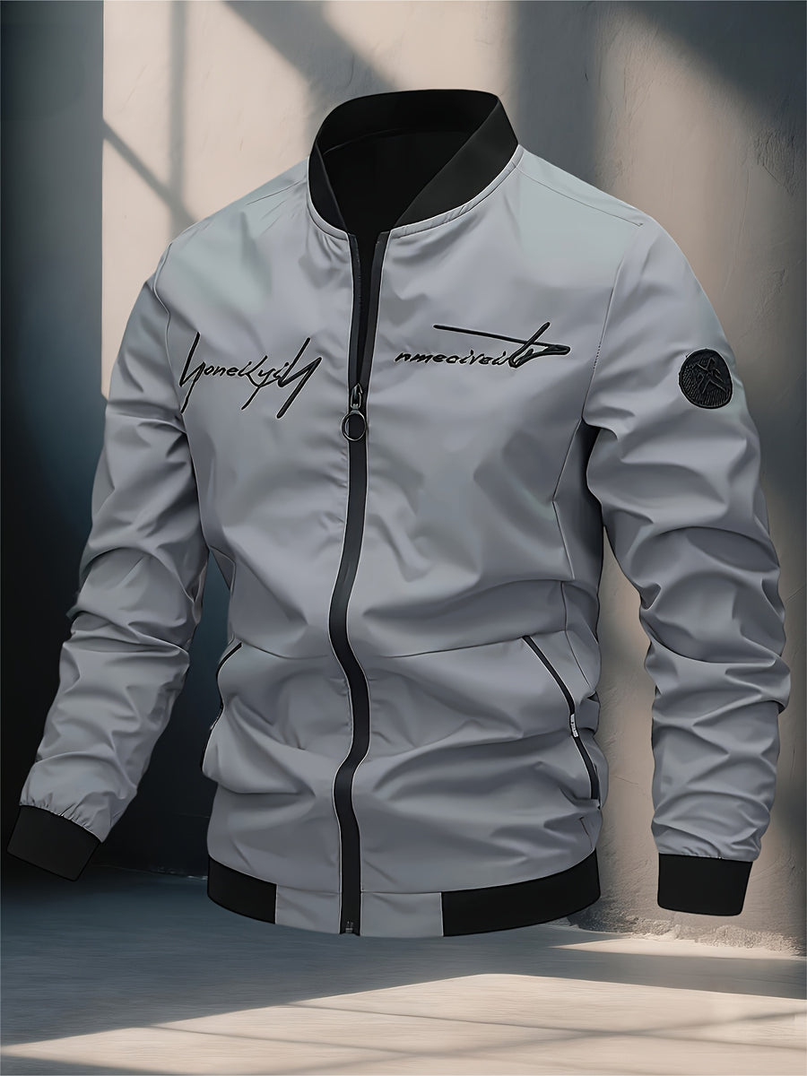 Men's Windproof Pilot Jacket with Letter Embroidery, Full Zip Closure, Suitable for Outdoor Sports, Hiking, Urban Commuting - Machine Washable, Polyester, Casual Fashion Versatile Trendy Black Coat, Essential for Stylish Men - Space Gray