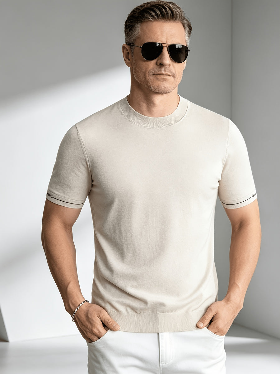 Business-casual Men's Crew Neck Short-sleeve Knit T-shirt, Slim-fit Lightweight and Breathable Knit Top, with Contrast-color Stitching and Letter Embroidery on the Cuffs, Suitable for Daily Wear, Office, and Weekend Outings in Summer - Apricot