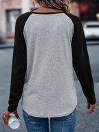 Brooklyn Vintage Pattern Design European and American Style Women's Daily Versatile Comfortable Casual Color-Blocked Crew Neck Raglan Long Sleeve T-Shirt - Light Gray Black