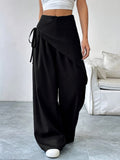 Women's Solid Color Cross-Tie Loose-Fit Leg-Length Casual Pants - Black