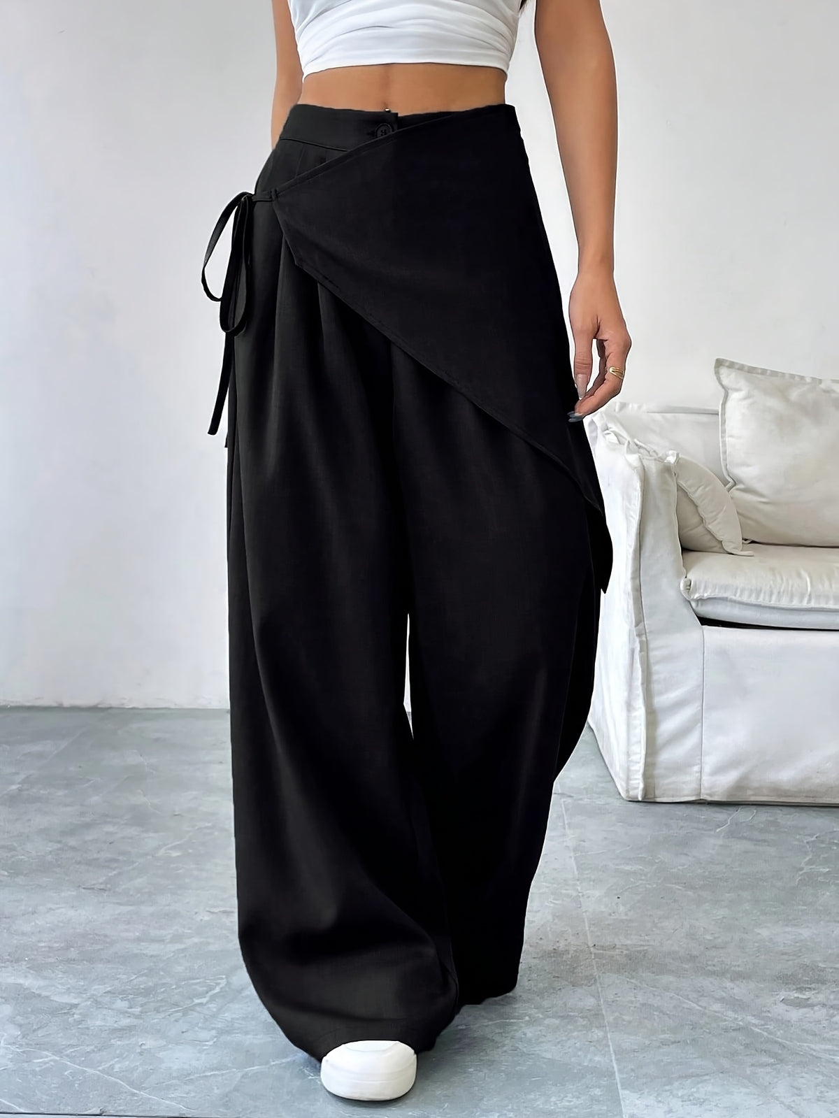 Women's Solid Color Cross-Tie Loose-Fit Leg-Length Casual Pants - Black