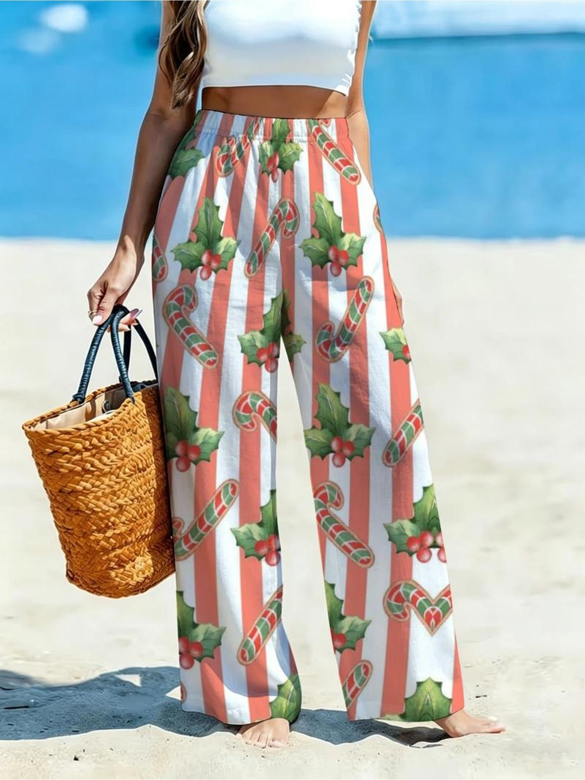 Women'S Casual Wide-Leg Pants, Red And White Vertical Stripes with Christmas Plant All-Over Print, Ideal for Women Seeking Individual Style, Suitable for Vacation Travel, Daily Shopping, And Various Occasions [Printed Design - No Texture] - Mixed colors