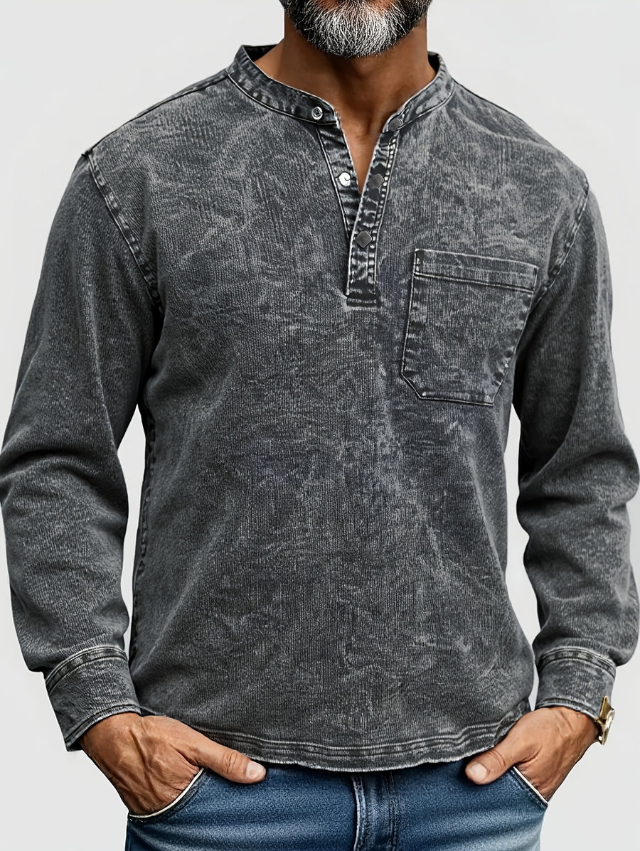 Men's Casual Denim Stand Collar Half-Open Placket Henley Shirt with Chest Pocket and Long Sleeves - Graphite Color