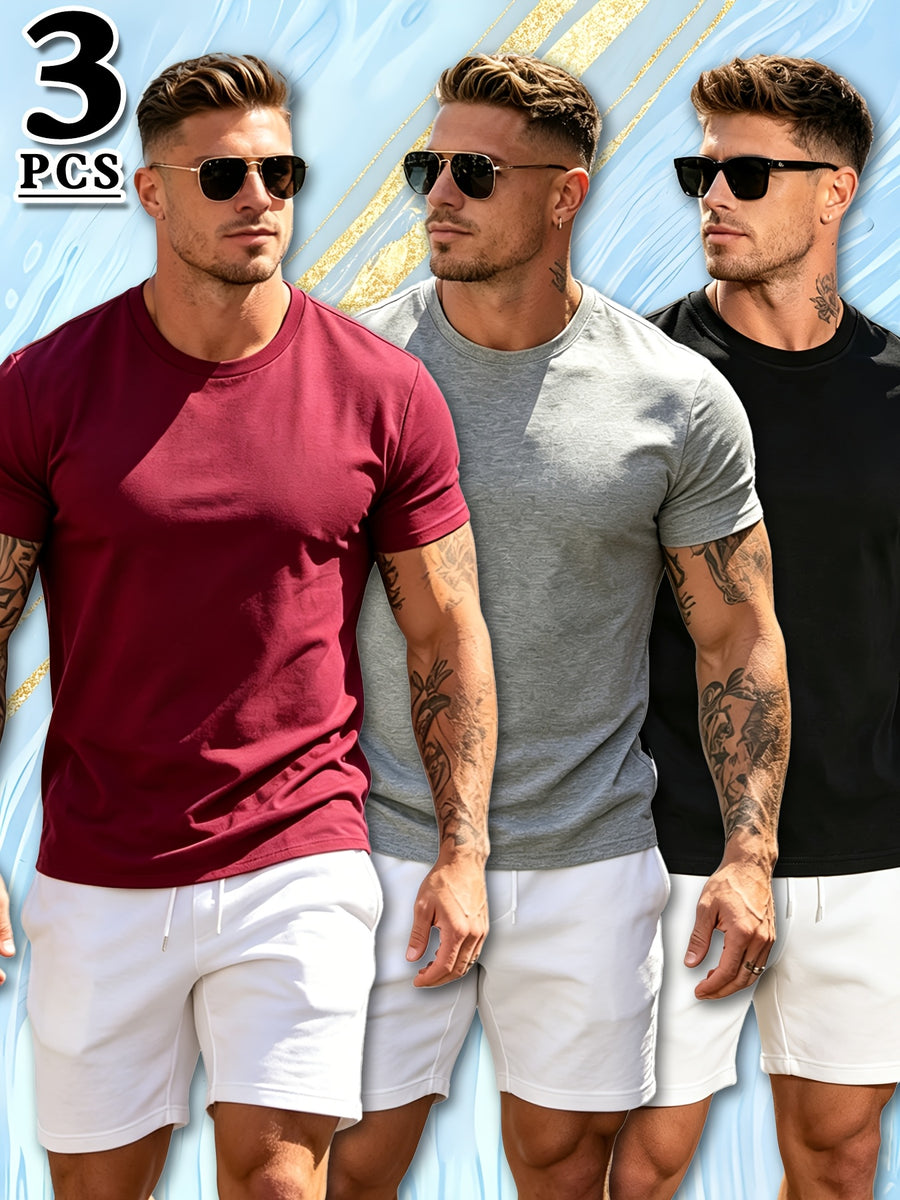 3pcs Set Spring Summer Fashion Athletic Short Sleeve Men'S Top Summer New Breathable Casual Comfortable Versatile Trendy Outerwear T-Shirt - Multicolor 7