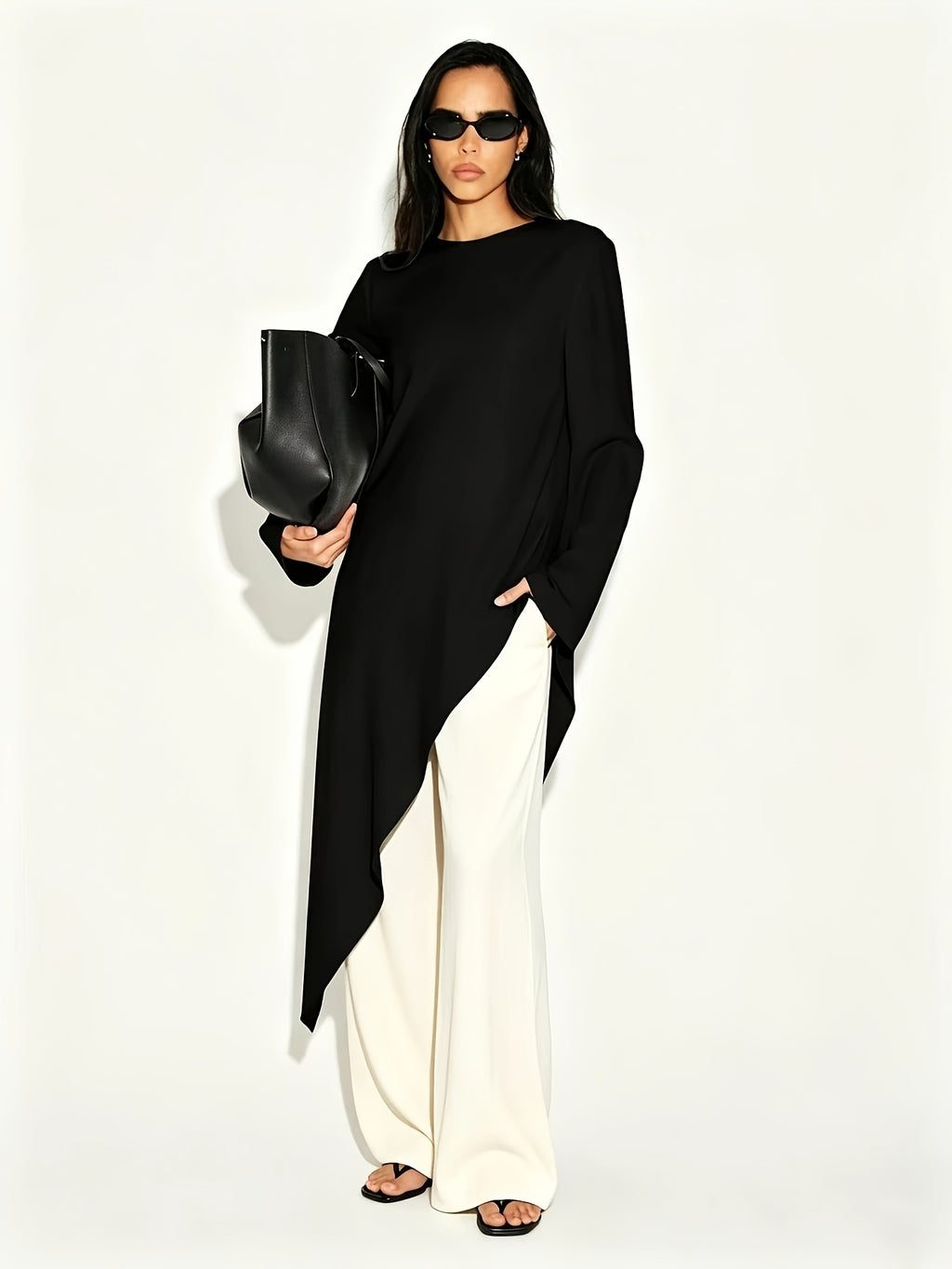 Elegant Directional Asymmetrical Flowing Long Sleeve Round Neck Waist-Cinching Top, Side Slit Design, Casual Daily Shirt - Black