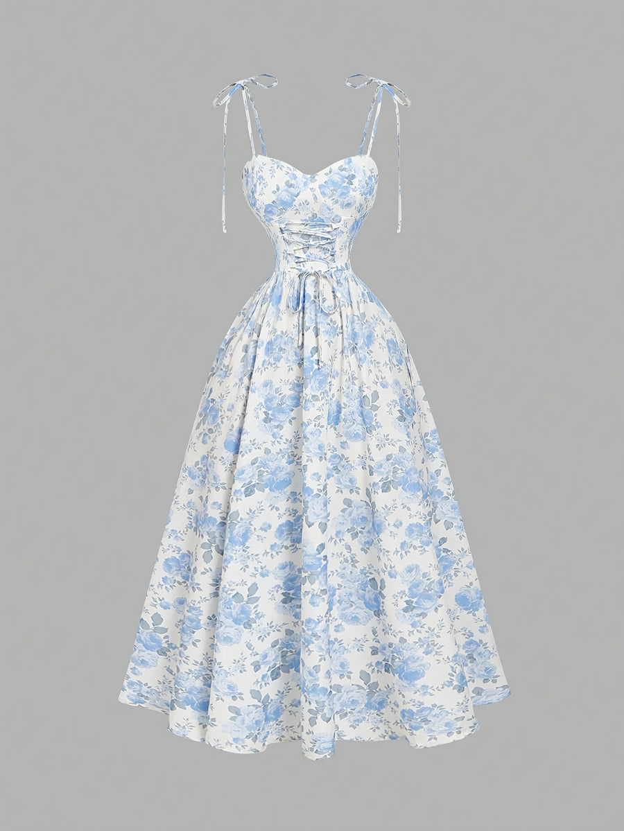 Elegant Floral Print Spaghetti Strap Long Dress | Shirred Detail, Fit And Flare Style For Adults - Mixed colors