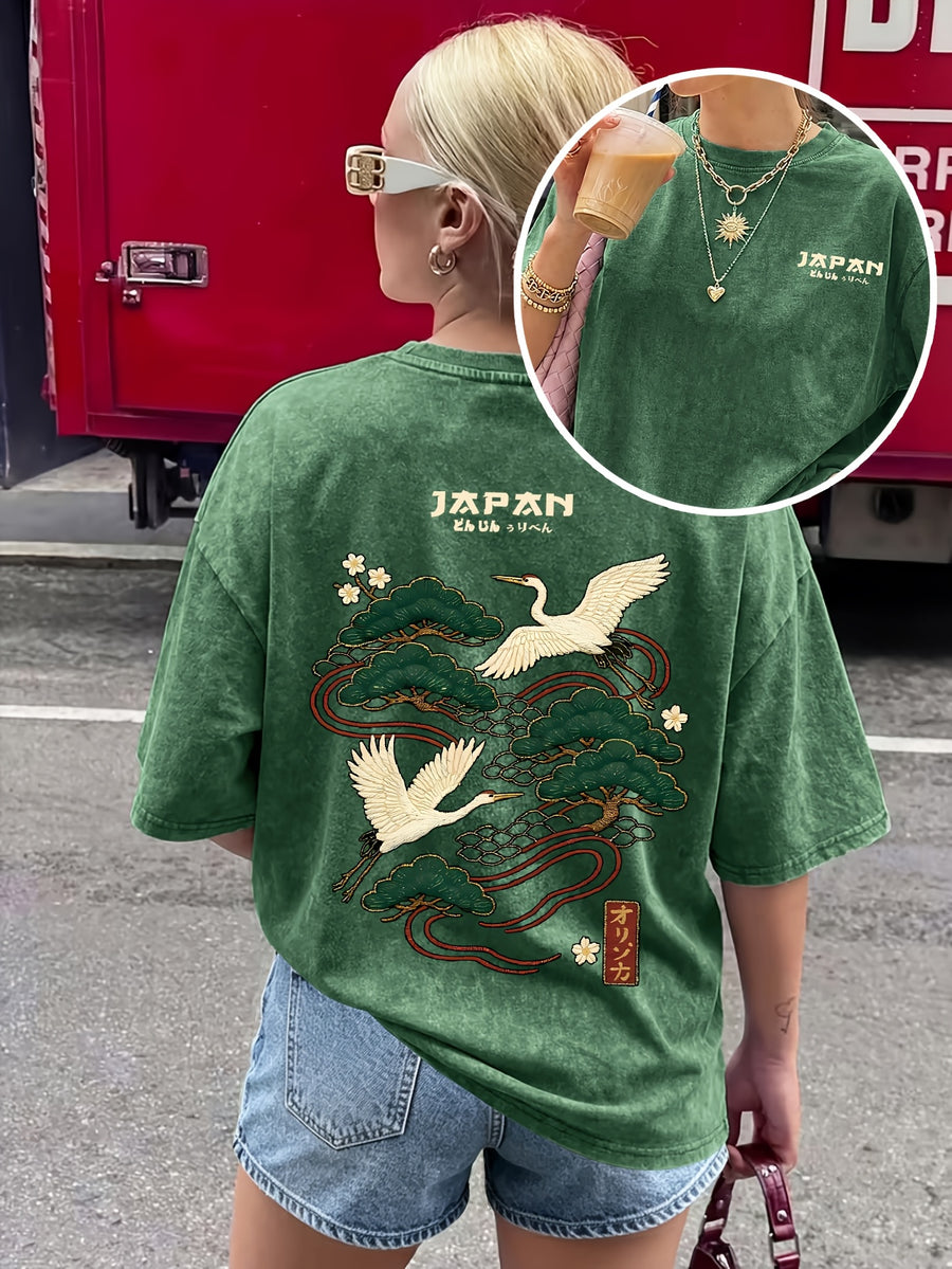 2026 Fashionable Trendy New Distressed Design Japanese Crane Pine Branch Print American Vintage Street Style Women'S Distressed All-Match Casual Retro Short Sleeve T-Shirt - Green