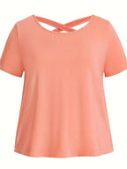 Plus-size Women's Three-piece Set: Solid Color Short-sleeve Top with Back Crisscross Straps, Crisscross Strap Bra with Design, and High-waisted Tight-fitting Yoga Leggings - Mixed colors