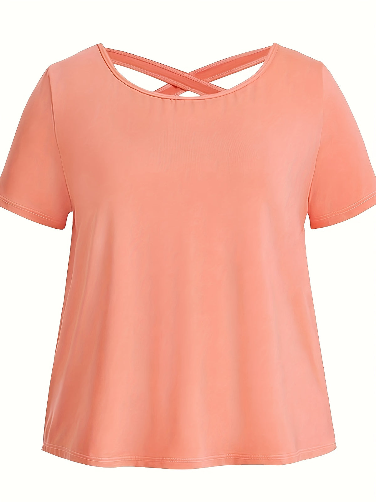 Plus-size Women's Three-piece Set: Solid Color Short-sleeve Top with Back Crisscross Straps, Crisscross Strap Bra with Design, and High-waisted Tight-fitting Yoga Leggings - Mixed colors