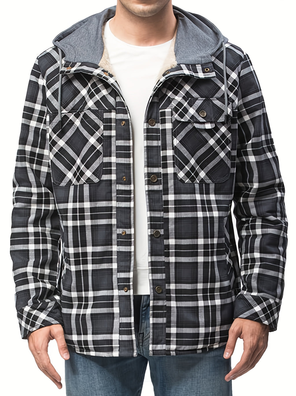 Men's Casual Hooded Two-Tone Plaid Jacket in US Sizes - Black