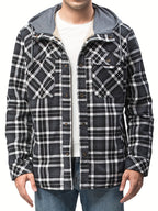 Men's Casual Hooded Two-Tone Plaid Jacket in US Sizes - Black