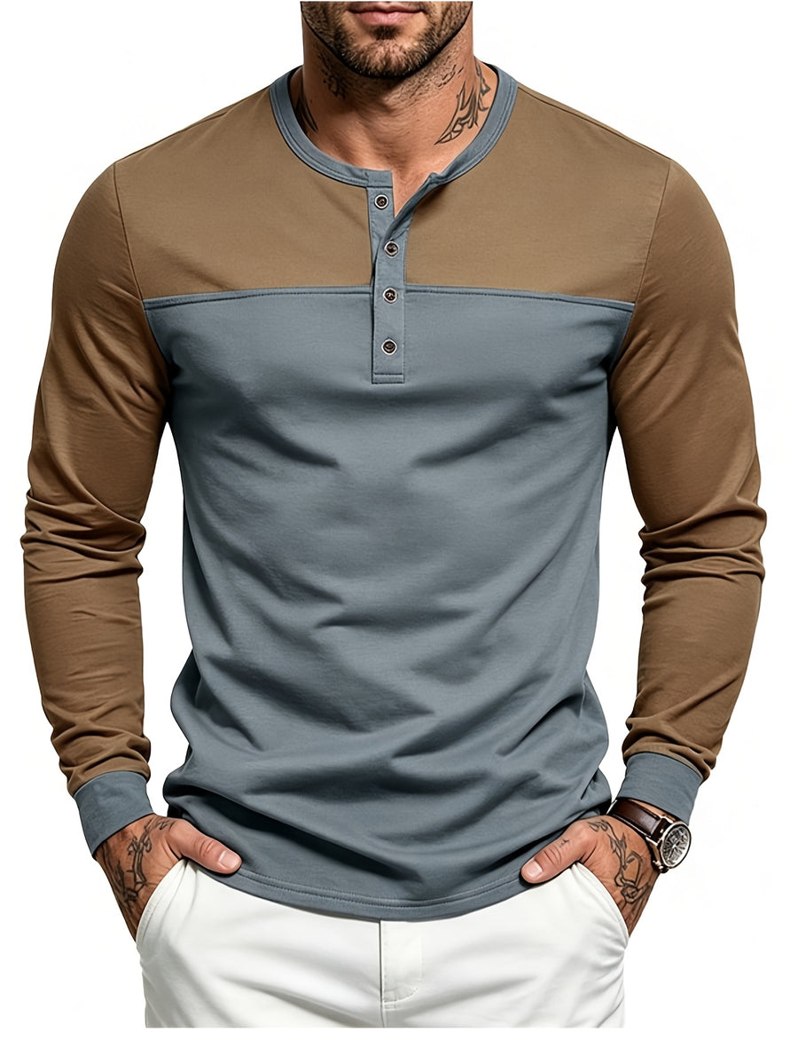 Men's Long Sleeve Henley T Shirt, Color Block Button Placket Pullover Top Loose Fit Casual Tee, Workout Sports Daily Commute Fall Mens Clothing - Brown on top and gray on top