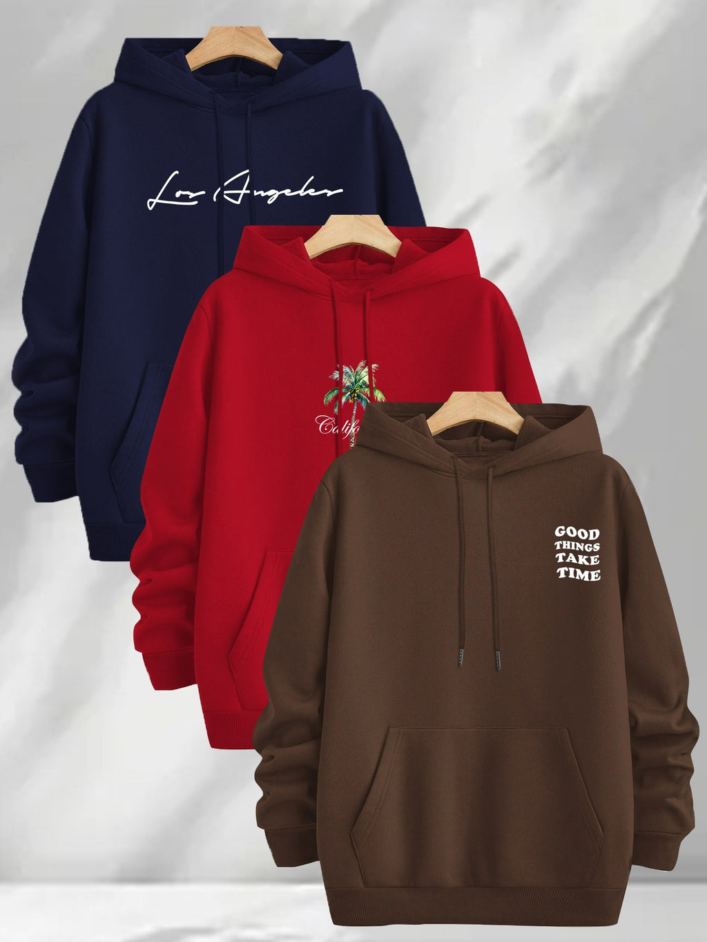 3pcs Trendy Print Sweatshirt, Men's Casual Hooded Sweatshirt, Long-sleeve Pullover, Slightly Stretchy, Knitted Polyester Fabric, Regular Fit Men's Hoodie - Red+Navy Blue+Coffee Color