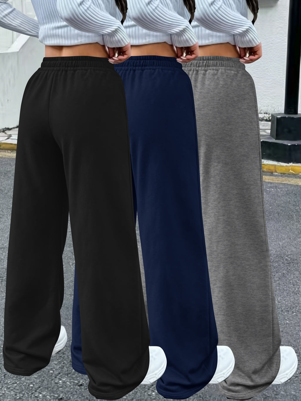 3pcs Women'S Jogging Pants, Elastic-Waistband Wide-Leg Casual Pants with Side Pockets, Light Sweatpants, Suitable for Daily And Formal Wear, Machine-Washable Non-Sheer Fabric, Joggers - Black+blue+dark Gray