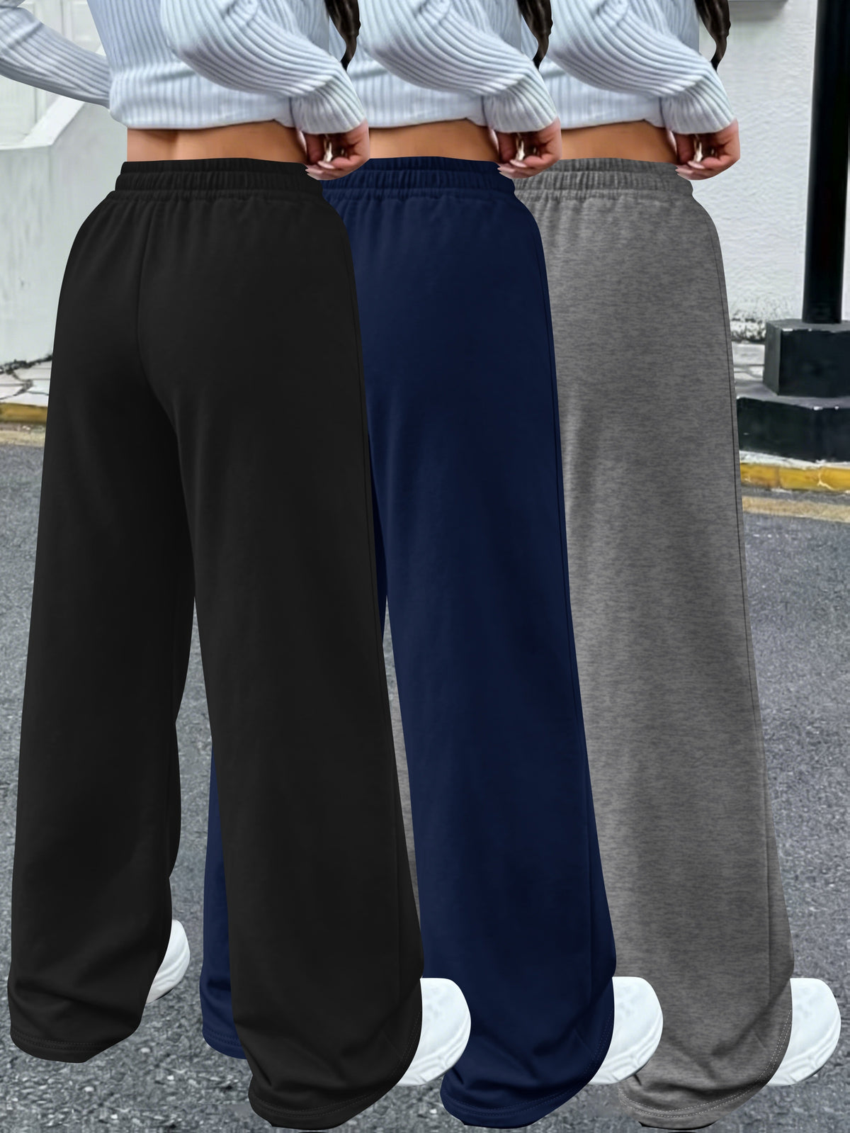 3pcs Women'S Jogging Pants, Elastic-Waistband Wide-Leg Casual Pants with Side Pockets, Light Sweatpants, Suitable for Daily And Formal Wear, Machine-Washable Non-Sheer Fabric, Joggers - Black+blue+dark Gray