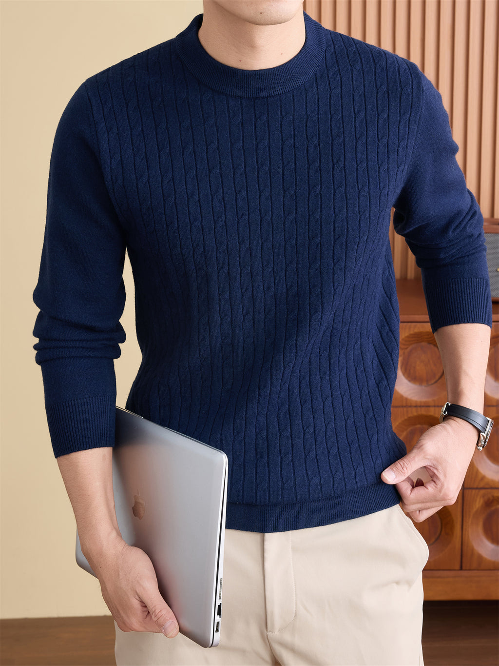 Autumn Winter Knit 3D Solid Round Neck Jacquard Sweater, Basic Thickened Pullover Top, Men'S Fashion Knit Long Sleeve, Jia A - Navy Color