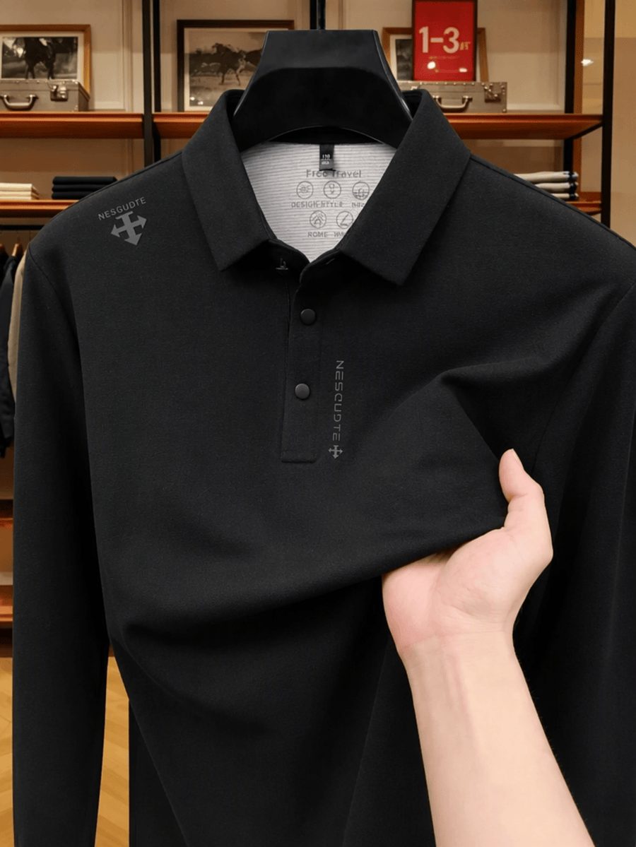 Men's Lapel Long Sleeve Polo Shirt Thickened Warm Top Autumn Winter Business Casual Layering Apparel for Middle Aged Dad Versatile Daily Outfit Suitable for Golf Fishing Tennis Sports Office And Daily Wear for Men - Black