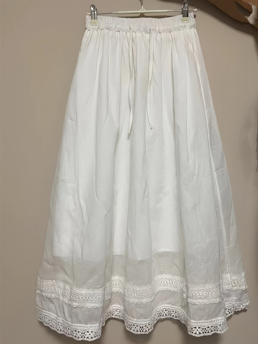 In Soft Pink Tones, Like a Dreamy Landscape, Comfortable And Skin-Friendly, Outlining a Casual Silhouette, with The Hem Adorned Like Flowers Blooming in a Green Field. This Skirt Is a Blend of Fashion And Comfort, Allowing You to Wear Romance And Em - White