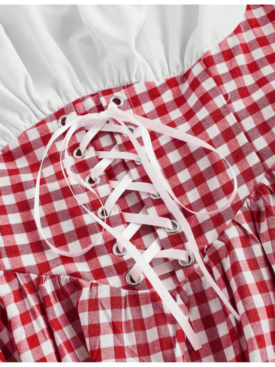 Vintage Plaid Patchwork Women's Dress, Summer Dress, Vacation Outfit, Summer Women's Wear, Suit Style Women's Dress, Country Style, Beach Vacation Outfit, Bohemian Style Women's Dress, Easter Dress, Old Money Style, Fashionable Elegant Beautiful - Red And White
