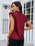 Spring-Summer New Arrival: Elegant Pleated Lace Collar Fashionable Short Sleeve Versatile Solid Color Women's Top - Deep Red