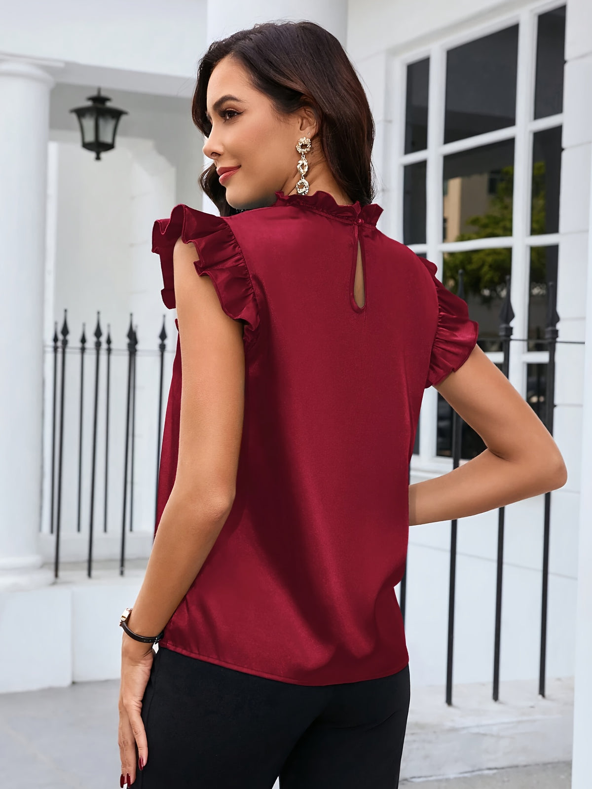 Spring-Summer New Arrival: Elegant Pleated Lace Collar Fashionable Short Sleeve Versatile Solid Color Women's Top - Deep Red