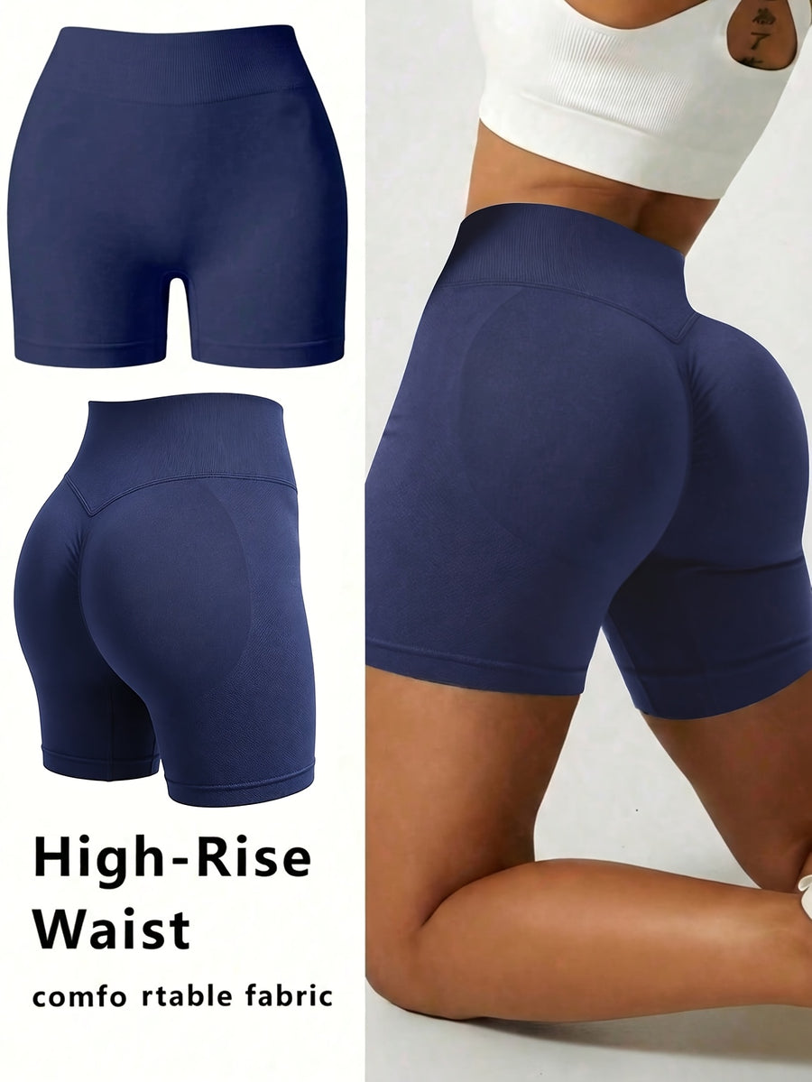 Contouring Workout Shorts, Stretchy Fitted Design, with Waist Shaping Elastic And Wrinkle Accent, Comfortable Elastic Waistband with -Lifting Wrinkles, Creating a Contouring Look, Elastic Waistband with Wrinkle Detail for -Lifting Effect - Navy Color