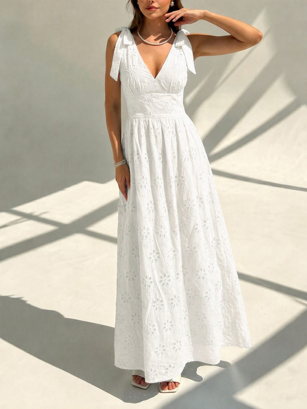 Elegant Women's V-neck Dress with Hollow Embroidery, Bow Tie & Waist Tie, A-line Silhouette, Ideal for Outings & Dates - White