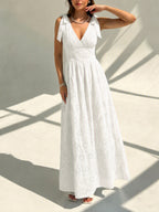 Elegant Women's V-neck Dress with Hollow Embroidery, Bow Tie & Waist Tie, A-line Silhouette, Ideal for Outings & Dates - White