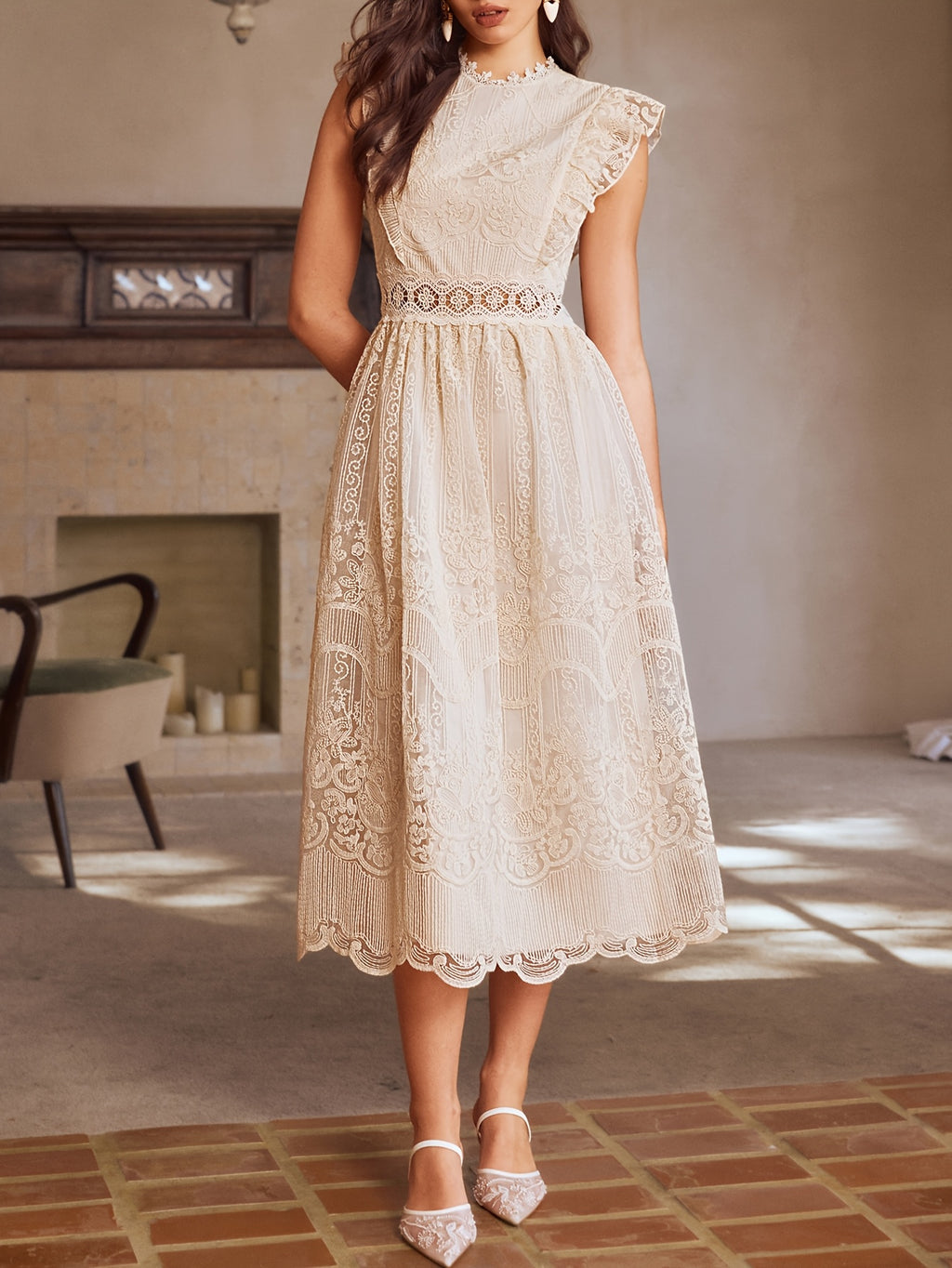 New Women'S Spring And Summer Lace Ruffle Decoration Temperament Elegant Long Dress Evening Dress Bridesmaid Dress Dress - Beige