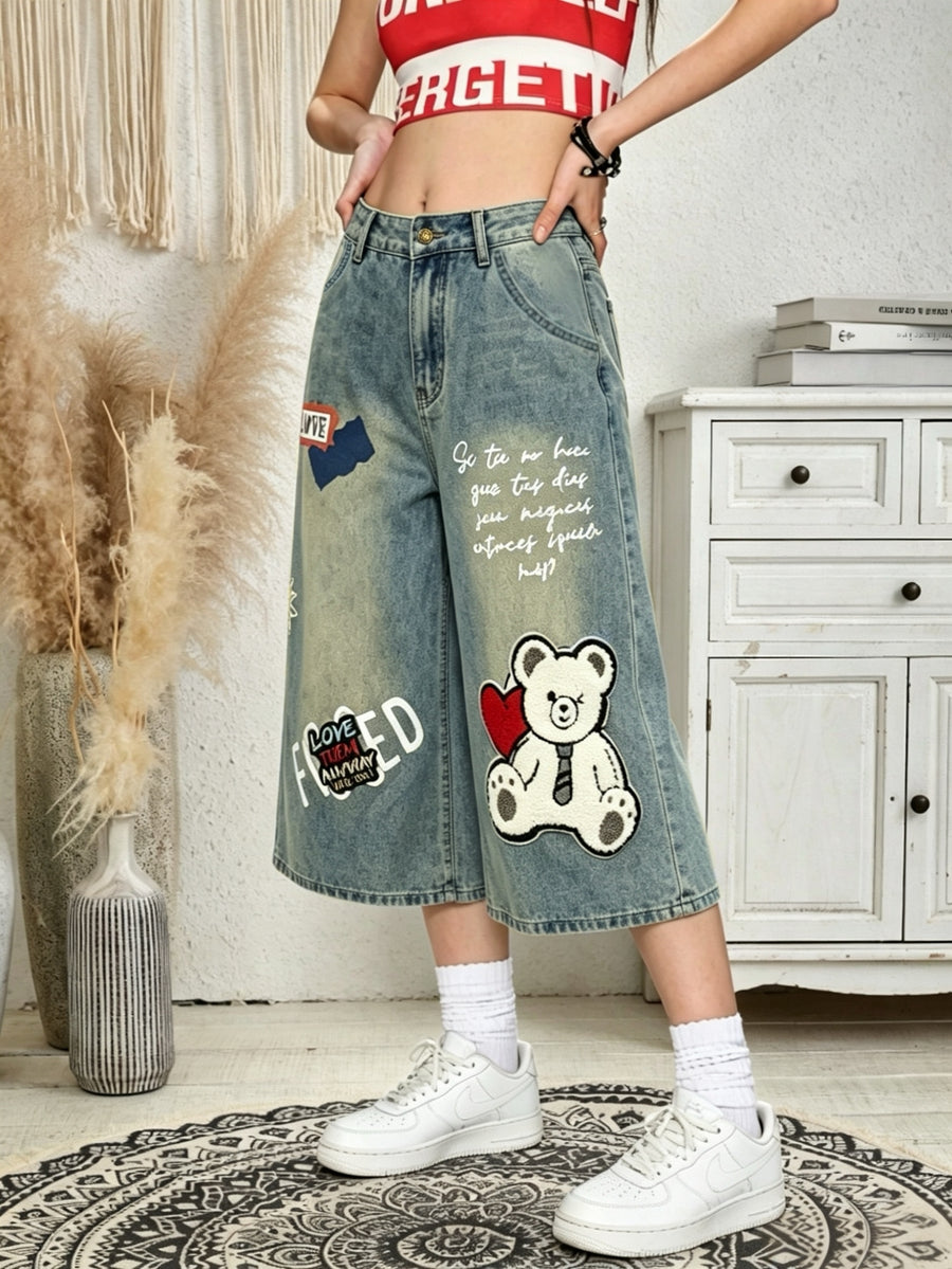 Y2K Vintage Washed Denim Capri Pants, 3D Plush Bear And English Letter Pattern, Wide Leg Mid-Length Shorts, High Waist Style, Fashion Casual All-Match Women'S Fashion > Women'S Clothing > Women'S Denim > Women'S Denim Shorts - Blue