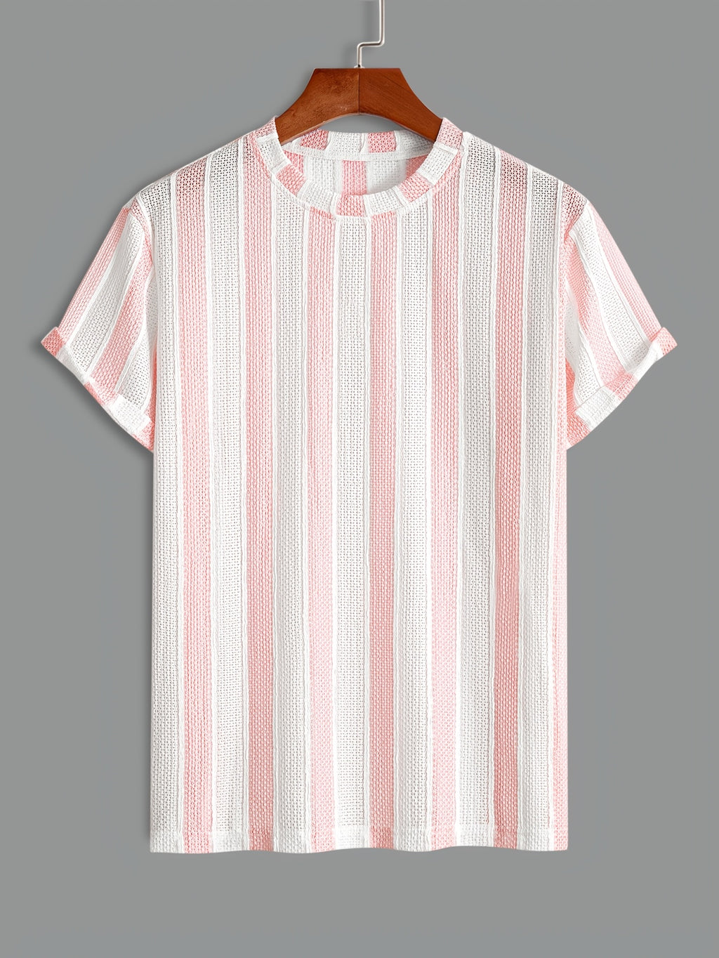 Men'S Vertical Striped Textured Knit T-Shirt, Breathable Jacquard Crew Neck Short Sleeve Tee, Casual Summer Fashion Shirts for Daily Wear - Pale Pinkish Gray