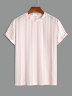 Men'S Vertical Striped Textured Knit T-Shirt, Breathable Jacquard Crew Neck Short Sleeve Tee, Casual Summer Fashion Shirts for Daily Wear - Pale Pinkish Gray