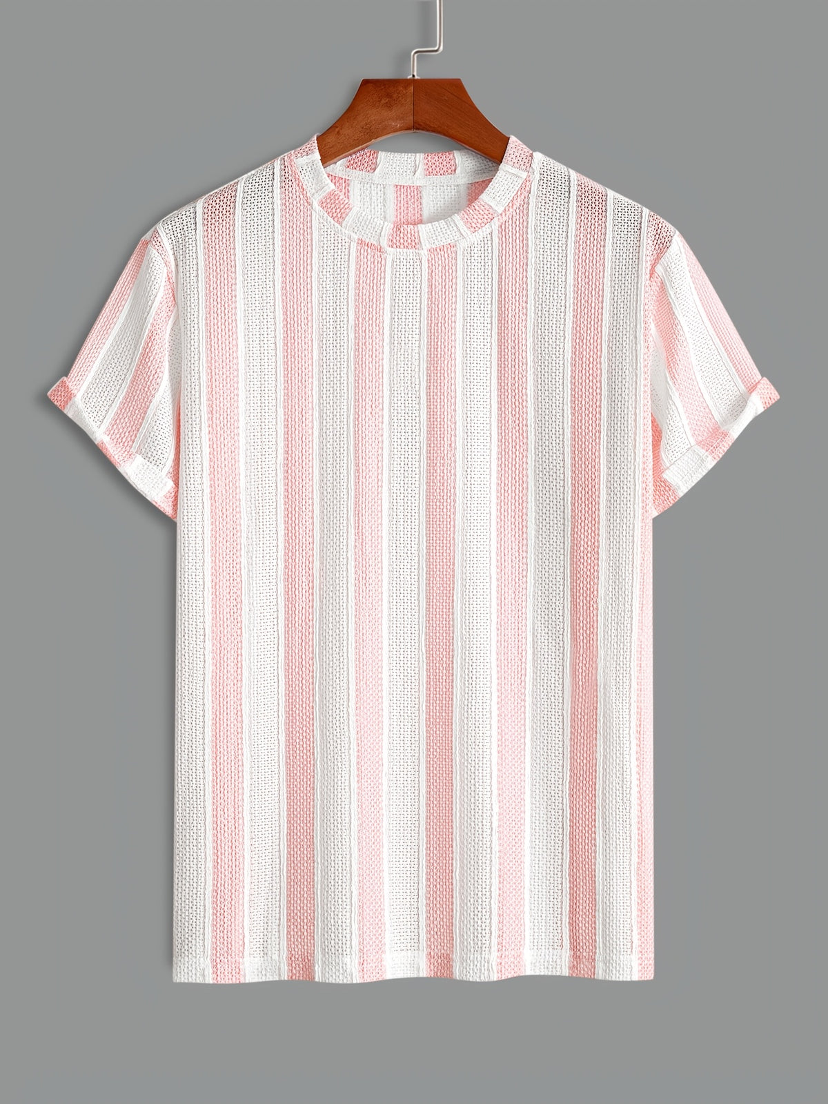 Men'S Vertical Striped Textured Knit T-Shirt, Breathable Jacquard Crew Neck Short Sleeve Tee, Casual Summer Fashion Shirts for Daily Wear - Pale Pinkish Gray