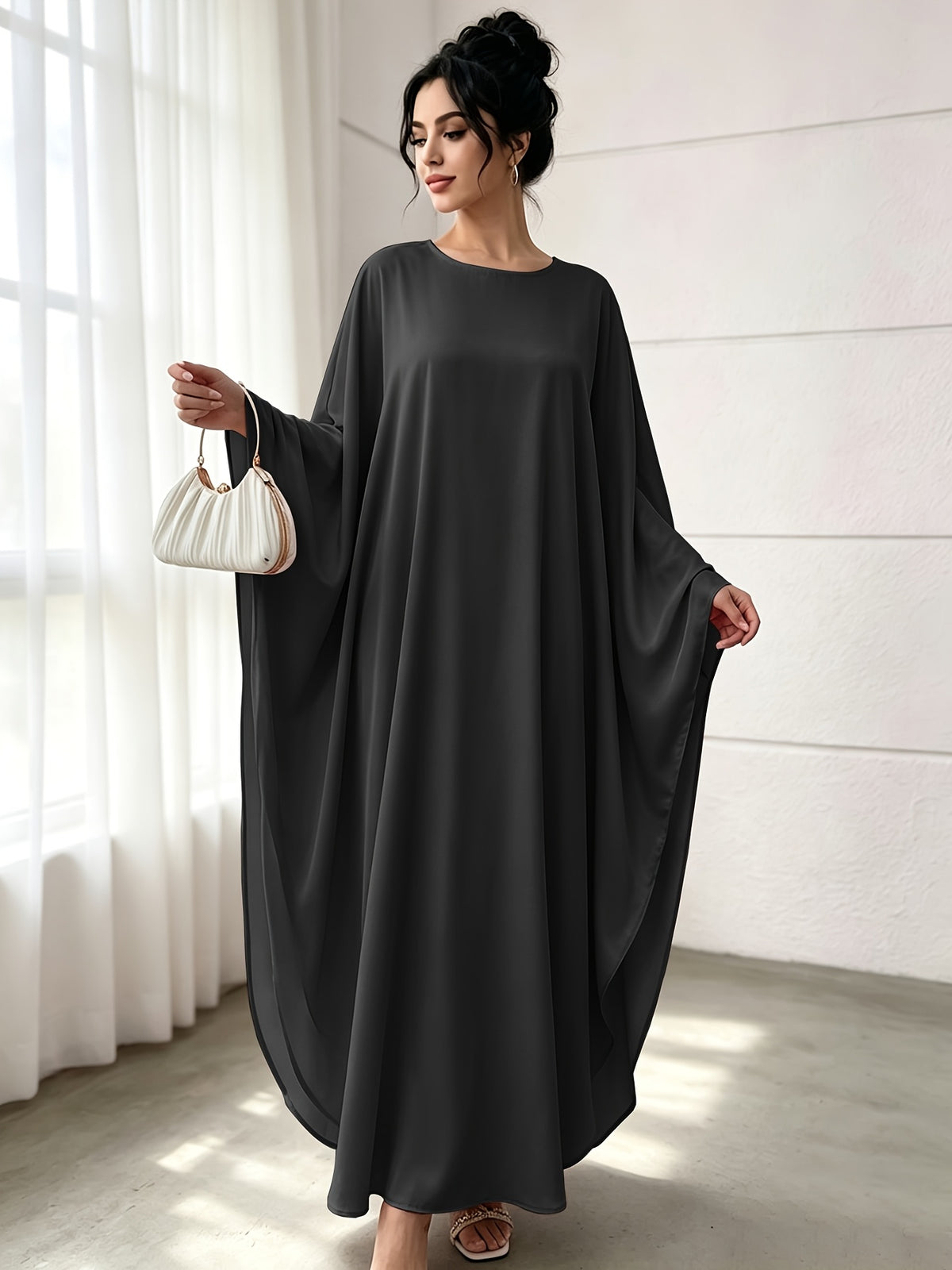 1pc Fashion Satin Color Shirt Elegant Vacation Comfortable Loose Long Sleeve Solid Color Easy Breathable Casual Women'S Abaya Dress. Abayas for Women Muslim Khimar Bayan Dresses Jibba Tunisian Women'S Jilbab Muslim Women - Black