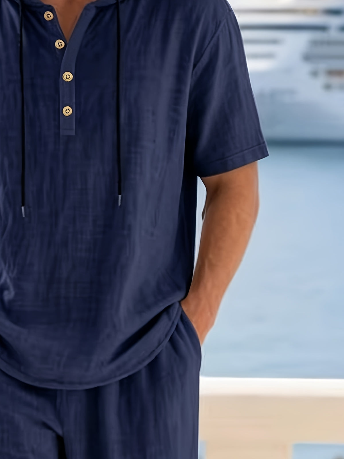 Summer New Hooded Henley Collar Short-Sleeved, Men'S Loose Breathable Comfortable Casual T-Shirt Top - Navy Color