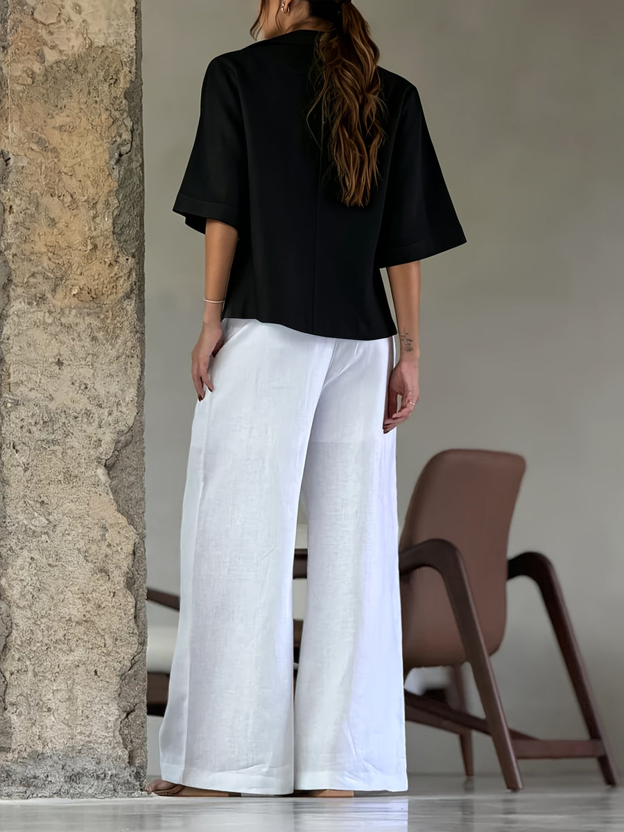 Women's Black Notched Lapel Half-sleeve Blazer, Regular Length, Cropped Design for a Stylish Look, Featuring a Delicate Single-button Detail, Suitable for the Office, Casual Wear, and Daily Outfits - Black