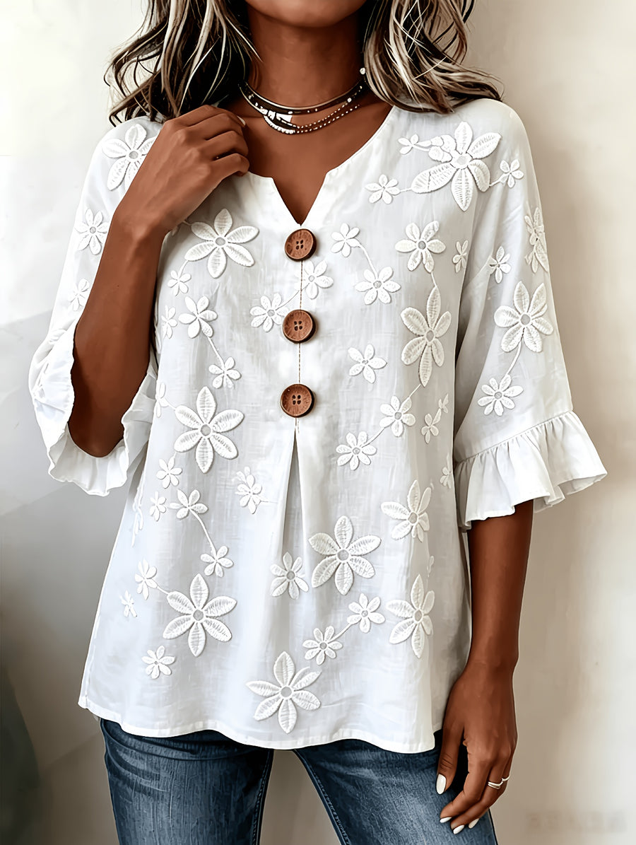 Women's Floral V-Neck Notched Hem Embroidered Commuting Daily Summer Pretty Blouse - White