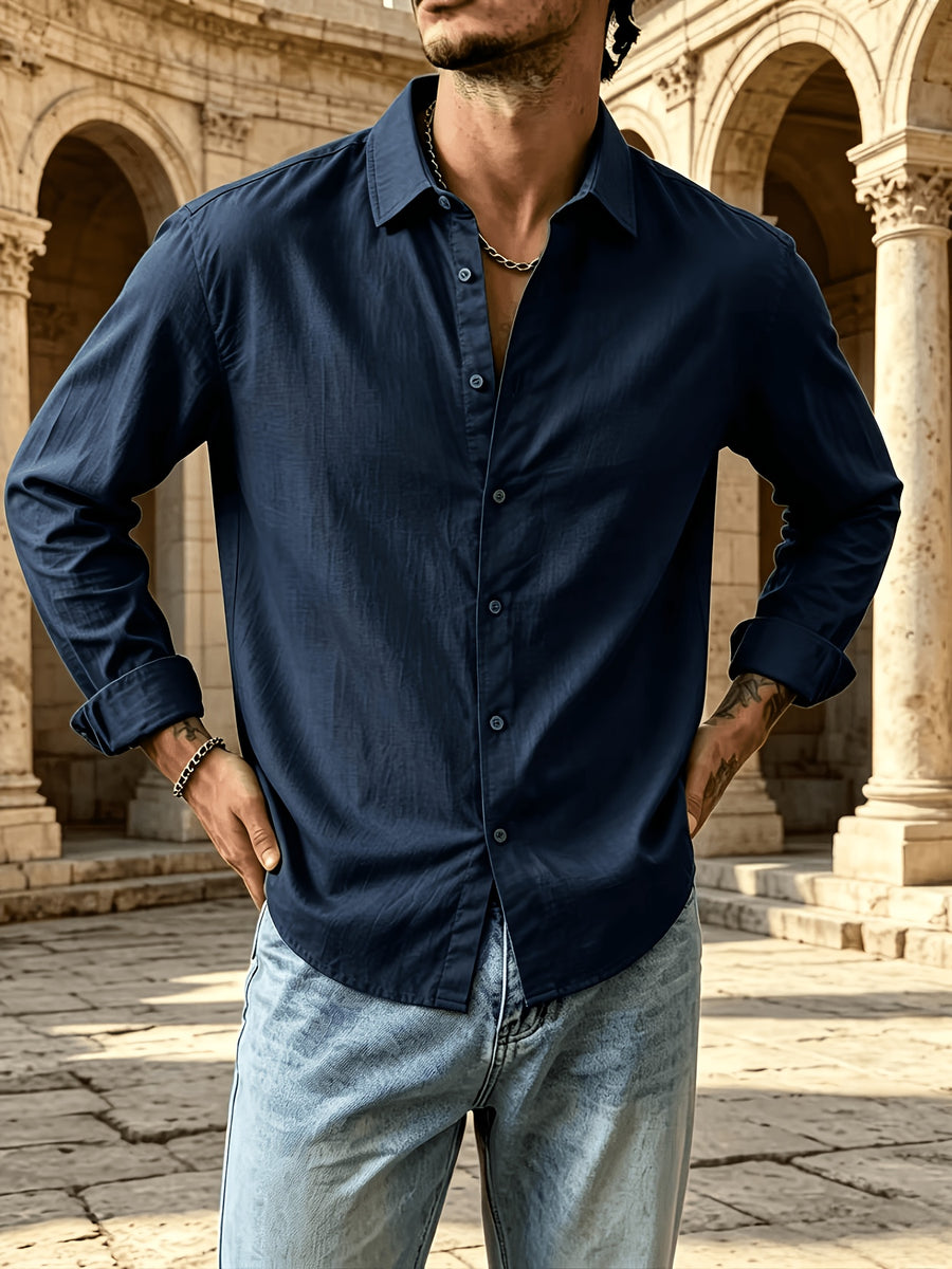Men's Button Front Long Sleeve Shirts for Summer, Classic Solid Color Lapel Casual Work Shirts, Loose Fit Lightweight Breathable Daily Tops, Vintage Fashion Outdoor Vacation Blouses - Navy Color