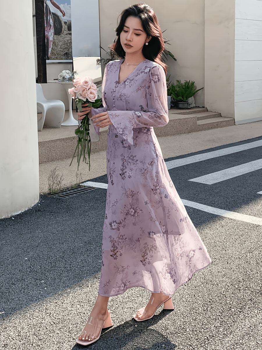Women's Floral Print Elegant Vacation Style Dress - Purple