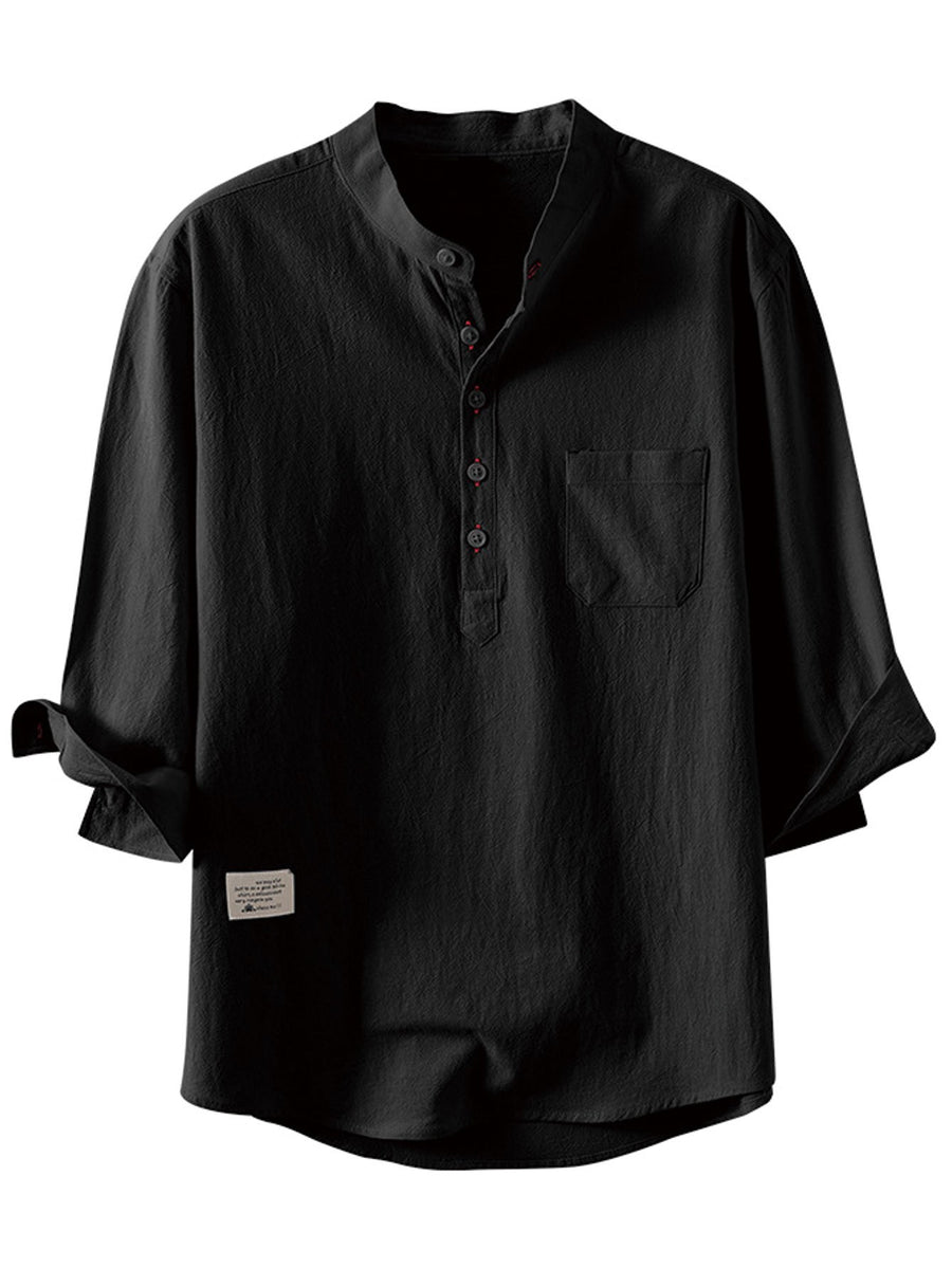 Vintage Henley Collar Half-Button Short Sleeve Shirt with Open Front Design, Side Pocket Detail, Suitable for Daily Commute, Outings, And Casual Business Wear, Easy Solid Color Pullover Casual Shirt. Thin Breathable Casual 3/4 Sleeve Top - Black