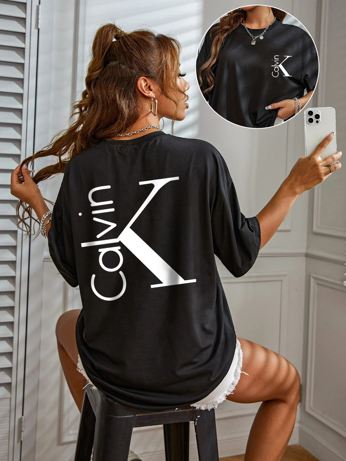 European and American Women's Casual Multicolor Round Neck Short Sleeve Simple Fashion S Loose Print T-Shirt - Black