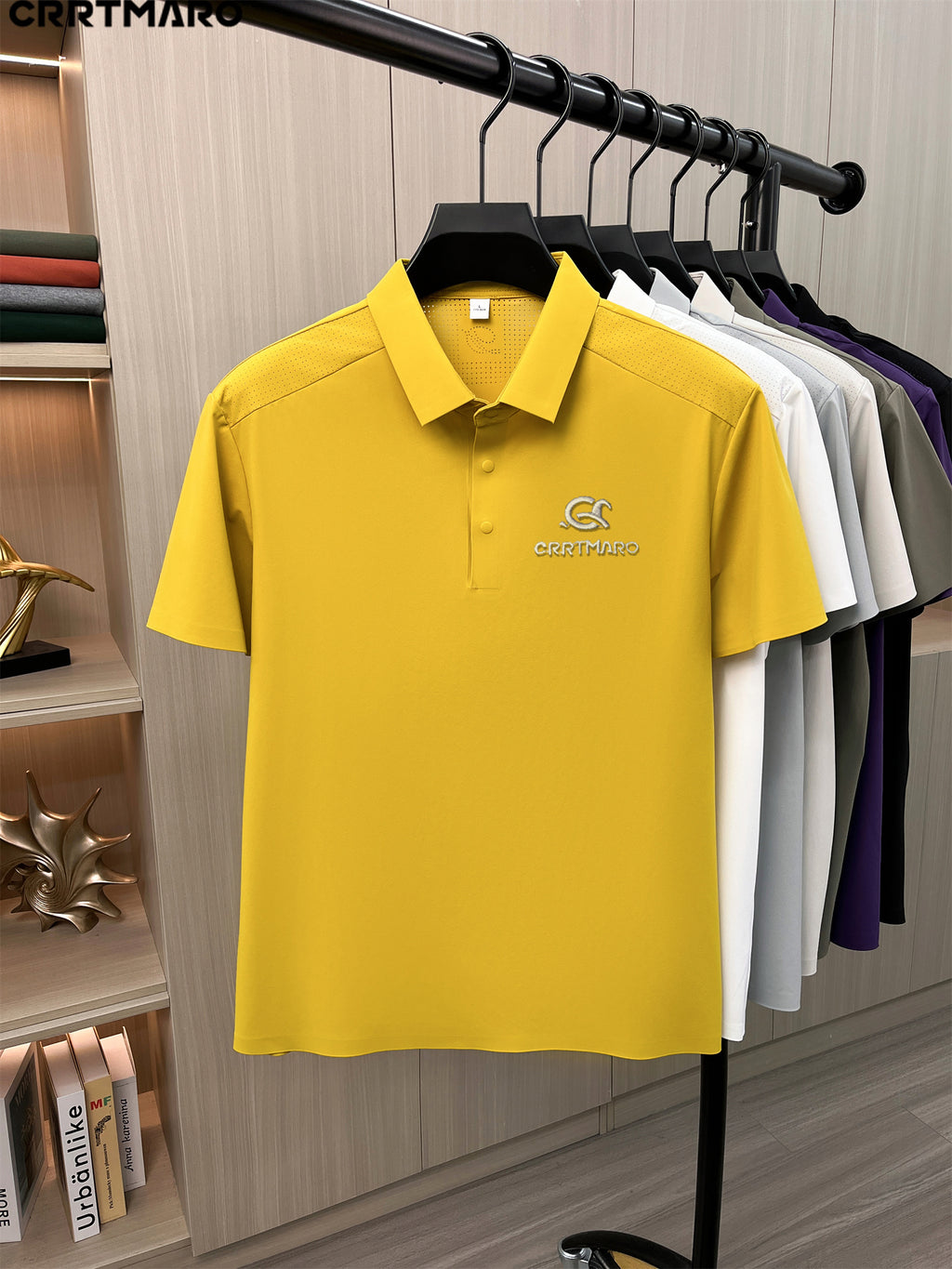 Katemar CRRTMARO Men's Short Sleeve Lapel Polo Shirt - Breathable Business Casual T-Shirt with Lapel Collar, Solid Color Suitable for Summer, Office & Semi-Formal Wear, Regular Fit Half-Sleeve (No Belt) - Yellow