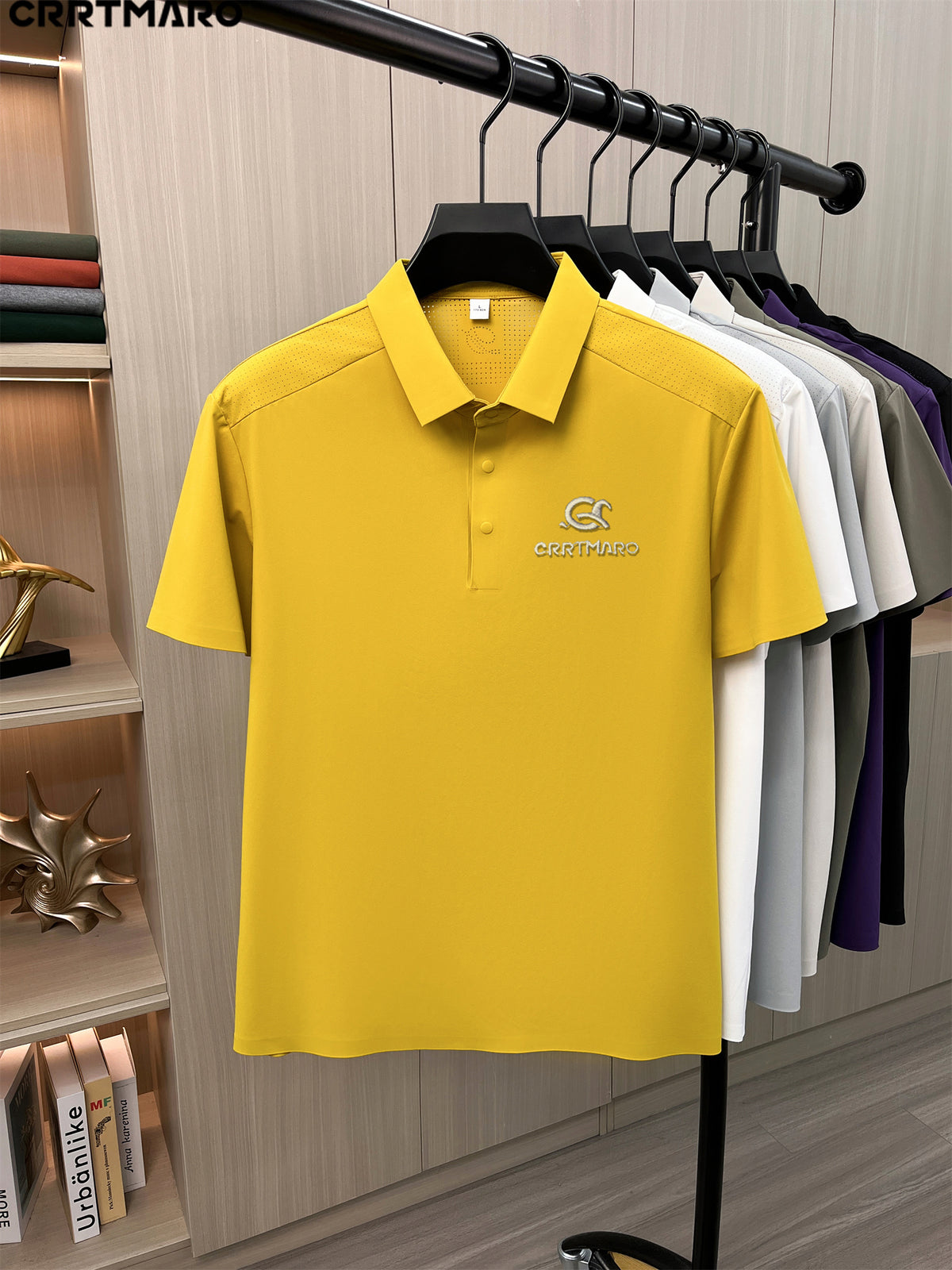 Katemar CRRTMARO Men's Short Sleeve Lapel Polo Shirt - Breathable Business Casual T-Shirt with Lapel Collar, Solid Color Suitable for Summer, Office & Semi-Formal Wear, Regular Fit Half-Sleeve (No Belt) - Yellow