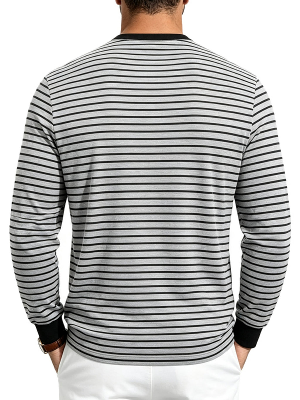 Men'S Striped Henley Shirt, Fall Casual Long Sleeve T-Shirt with 3 Buttons And Contrast Ribbed Collar for Daily Commute And Outdoor - Light Grey
