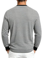 Men'S Striped Henley Shirt, Fall Casual Long Sleeve T-Shirt with 3 Buttons And Contrast Ribbed Collar for Daily Commute And Outdoor - Light Grey