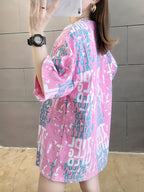 Summer New Large Size Loose Fashion Trend Thin Cartoon Round Neck Print Medium Long Short Sleeve T-shirt - 202-F