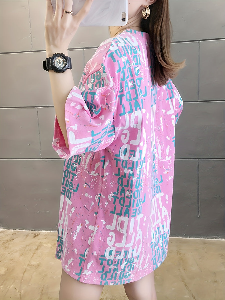 Summer New Large Size Loose Fashion Trend Thin Cartoon Round Neck Print Medium Long Short Sleeve T-shirt - 202-F