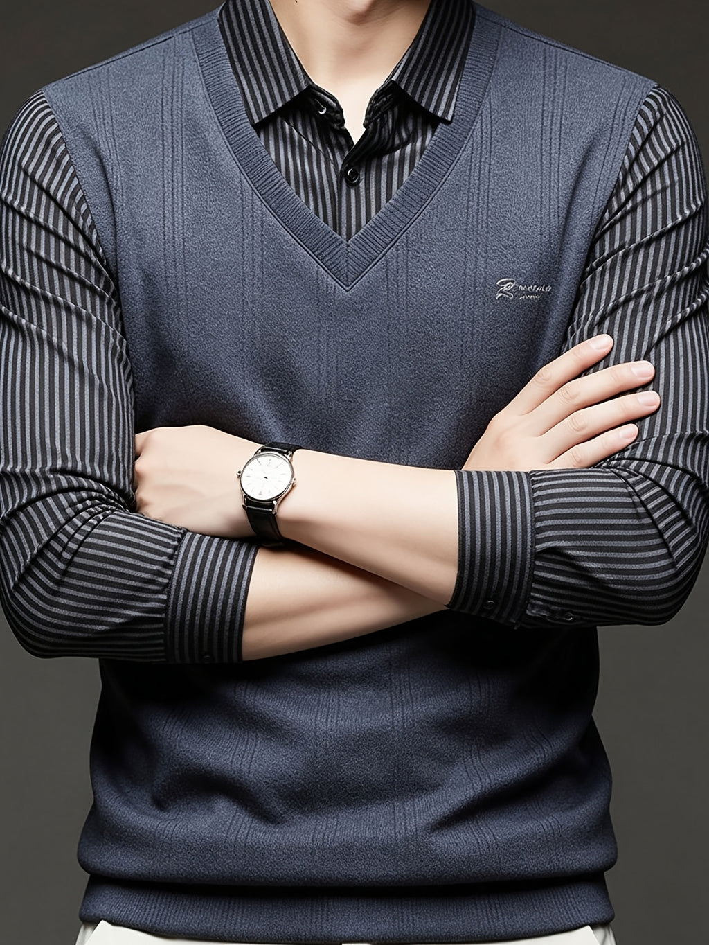 Men'S Shirt Collar Faux Two-Piece Knit Top, Turned-Up Shirt Collar, Classic Business Style, Suitable for Middle-Aged Men, Dads' Wear. - SINBOS - Grey