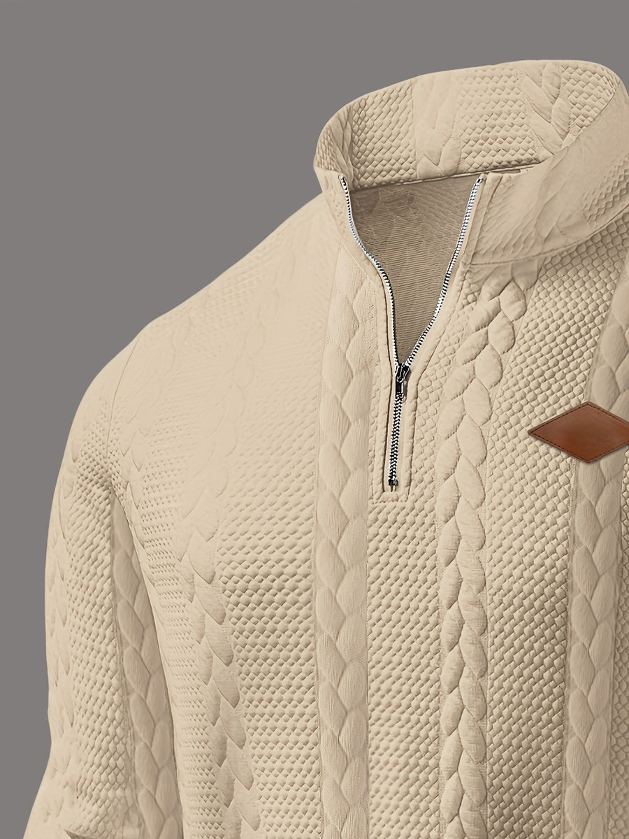 Men'S Casual Polo, Zip-Up Collar Pullover, Men'S Henley Shirt, High-Weight Fabric, Textured Material - Khaki